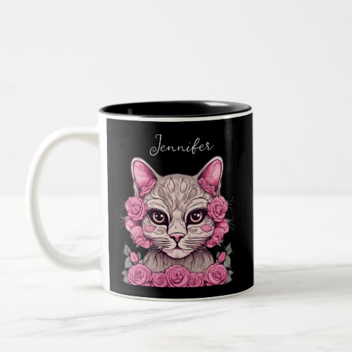 Cat with Pink Roses Personalized Birth Flower Mug