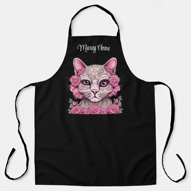 Cat with Pink Roses Personalized Custom  Apron (Front)