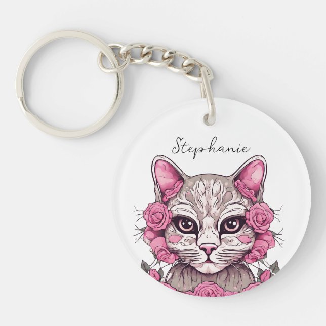 Cat with Pink Roses Personalized Keychain (Front)