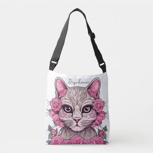 Cat with Pink Roses Personalized Tote Bag