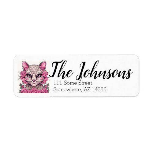 Cat with Pink Roses Return Address Labels