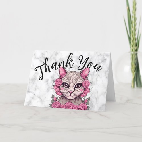 Cat with Pink Roses Thank You Card