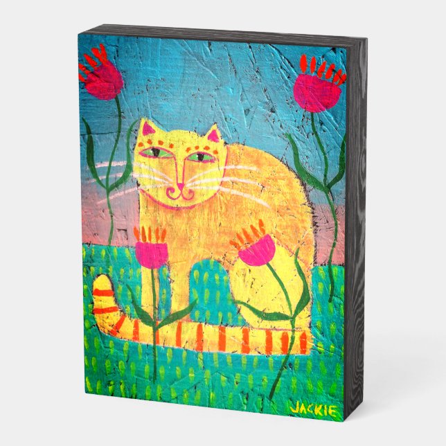 Cat with Pink Tulips Abstract Art Wooden Box Sign (Angled Vertical)