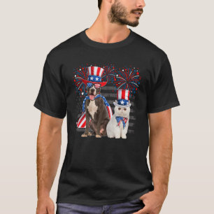 Cat With Pit Bull Sunglasses American Flag 4th Of  T-Shirt