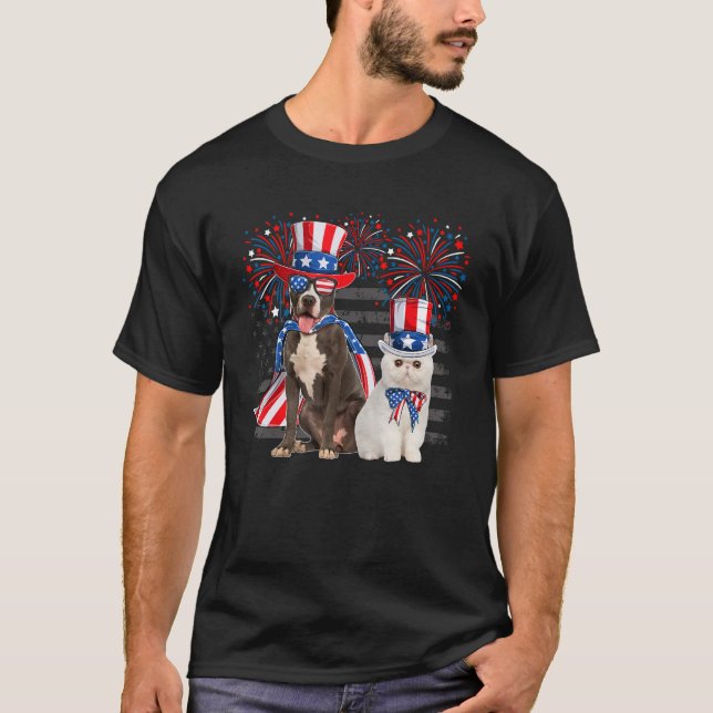Cat With Pit Bull Sunglasses American Flag 4th Of  T-Shirt (Front)
