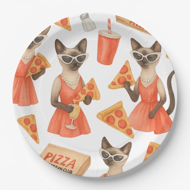 Cat with pizza for Siamese Cat Lovers Paper Plates (Front)