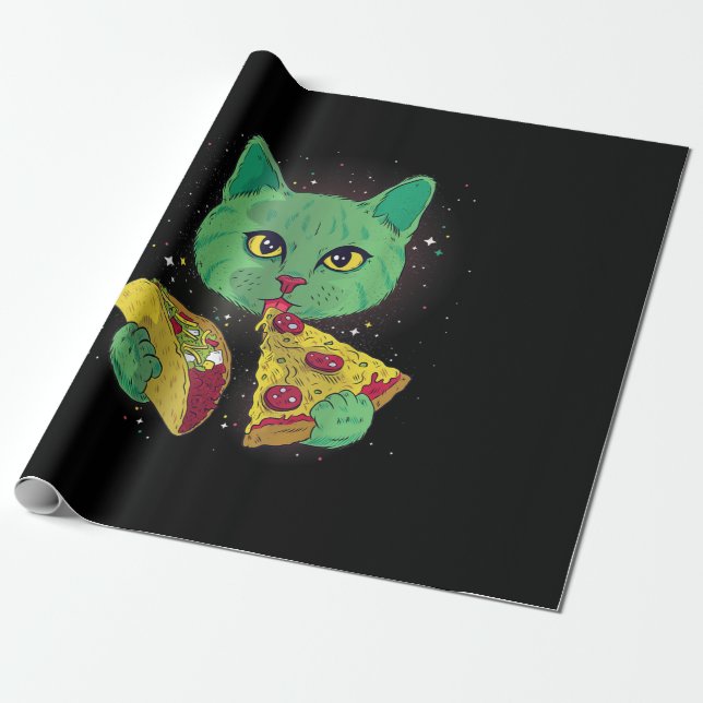 Cat With Pizza Slice And Taco In Space Wrapping Paper (Unrolled)