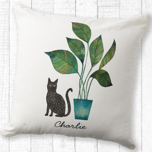 Cat with Potted Plant Watercolor Personalized Throw Pillow