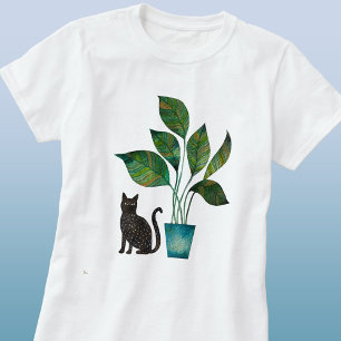Cat with Potted Plant Watercolor T-Shirt