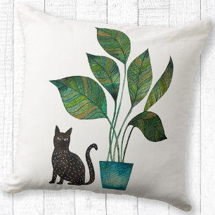 Cat with Potted Plant Watercolor Throw Pillow