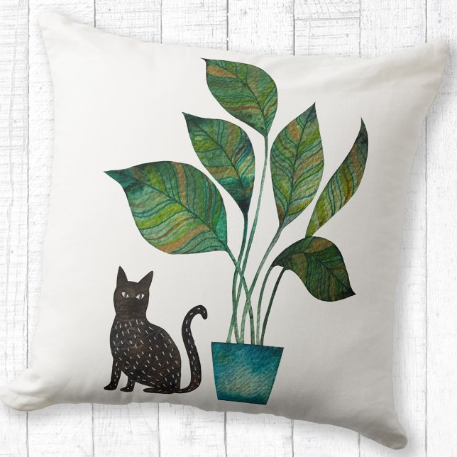 Cat with Potted Plant Watercolor Throw Pillow (Watercolor cat and house plant pillow)