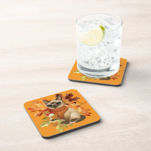 Cat with Pumpkin Pie for Thanksgiving Party Beverage Coaster