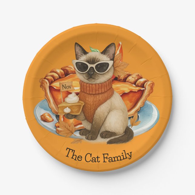 Cat with Pumpkin Pie for Thanksgiving Party  Paper Plates (Front)