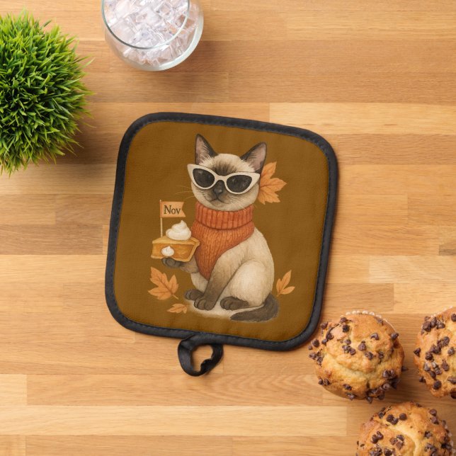 Cat with Pumpkin Pie for Thanksgiving Party  Pot Holder (Top Down)