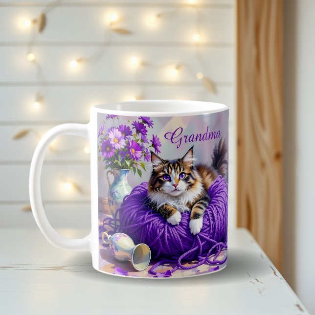 Cat with Purple Eyes in Purple Yarn and Flowers Coffee Mug (Creator Uploaded)