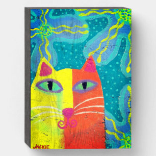 Cat with Purple Flowers Abstract Art Wooden Box Sign