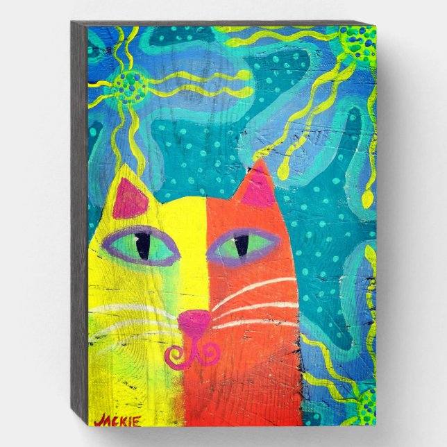 Cat with Purple Flowers Abstract Art Wooden Box Sign (Front Vertical)