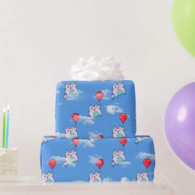 Cat with Red Balloon In Clouds Wrapping Paper (Party Gifts)