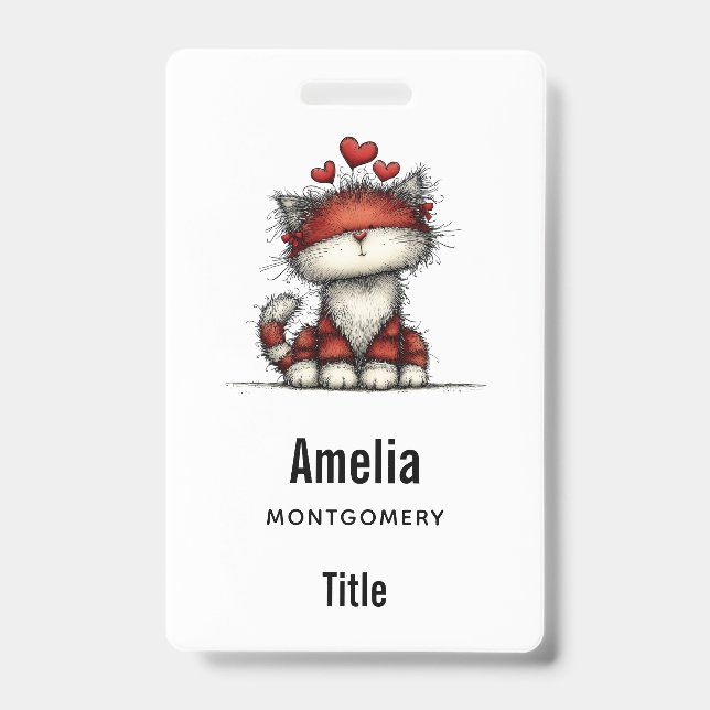 Cat with Red Hearts Cute and Fun Badge (Front)