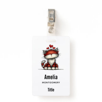 Cat with Red Hearts Cute and Fun Badge