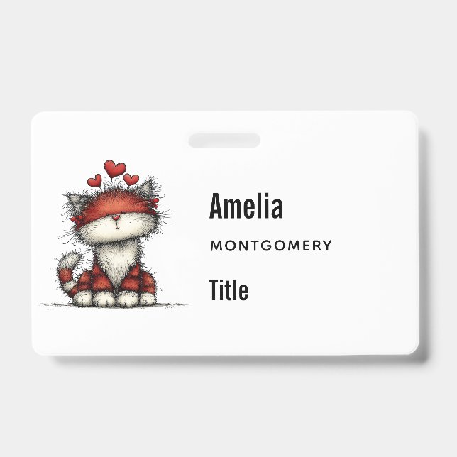 Cat with Red Hearts Cute and Fun Badge (Front)
