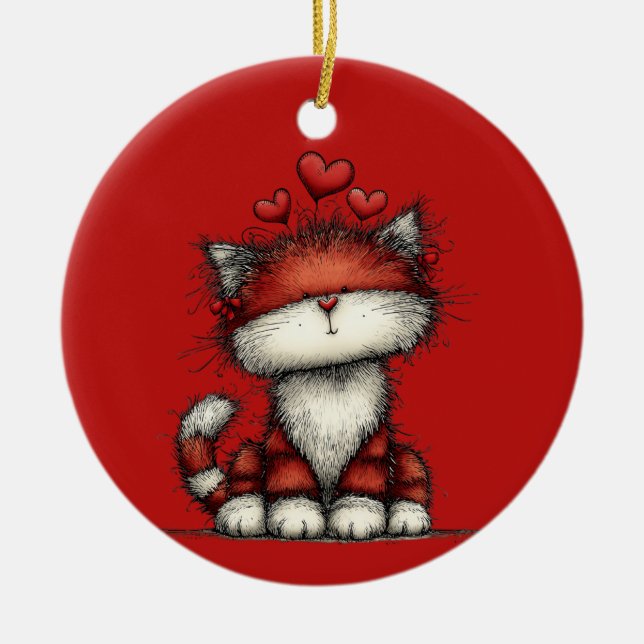 Cat with Red Hearts Cute and Fun Ceramic Ornament (Front)