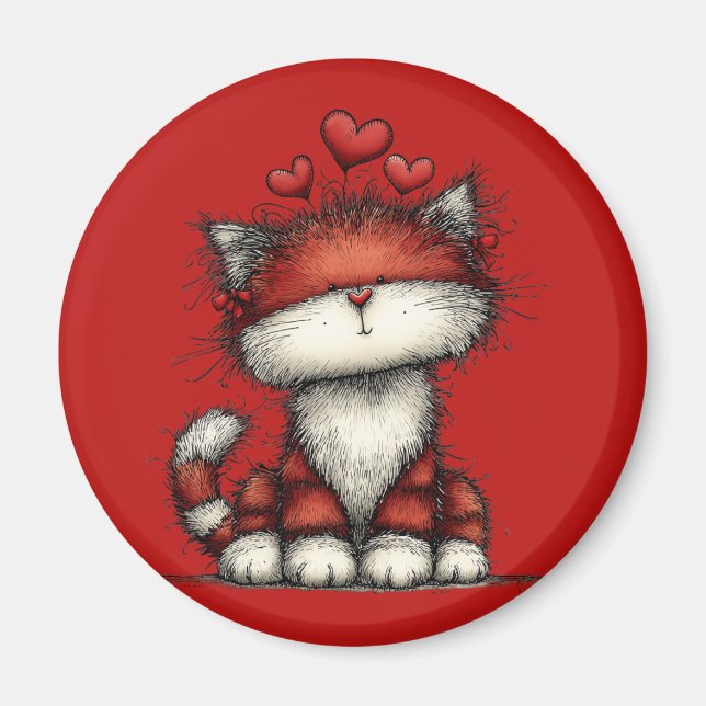 Cat with Red Hearts Cute and Fun Magnet (Front)