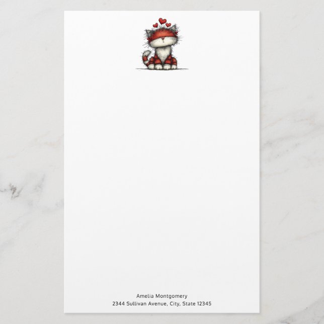 Cat with Red Hearts Cute and Fun Stationery (Front)