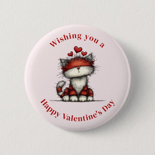 Cat with Red Hearts Cute and Fun Valentine's Day Button (Front)