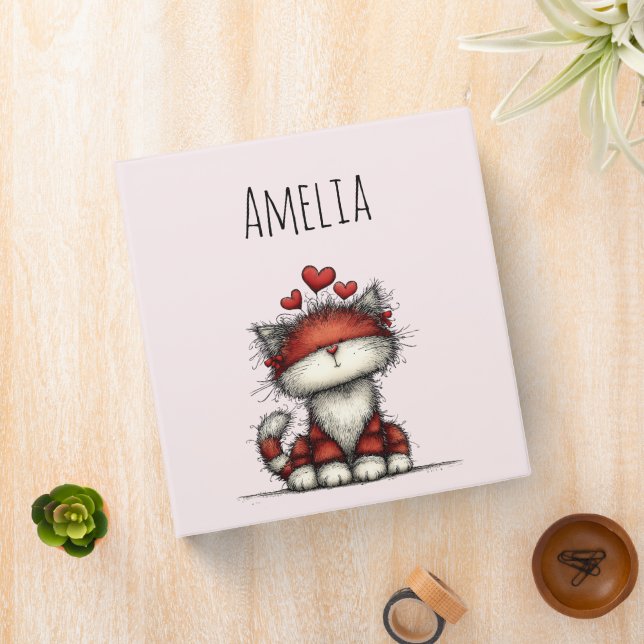 Cat with Red Love Hearts Cute and Funny 3 Ring Binder (In Situ)