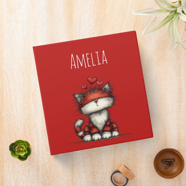 Cat with Red Love Hearts Cute and Funny 3 Ring Binder (In Situ)
