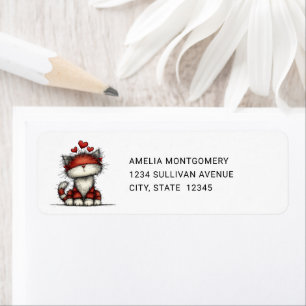 Cat with Red Love Hearts Cute and Funny - Address Label
