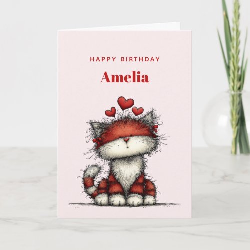 Cat with Red Love Hearts Cute and Funny Birthday