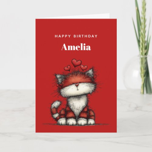 Cat with Red Love Hearts Cute and Funny Birthday