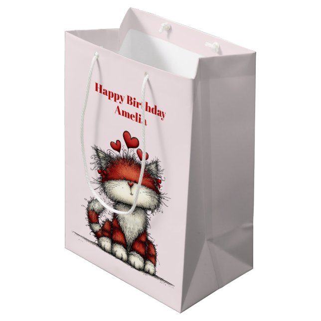Cat with Red Love Hearts Cute and Funny Birthday Medium Gift Bag (Front Angled)
