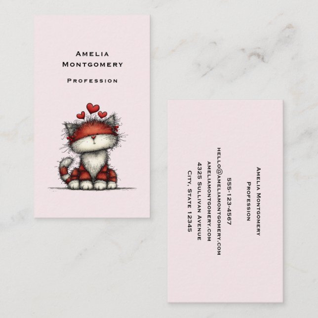 Cat with Red Love Hearts Cute and Funny Business Card (Front/Back)