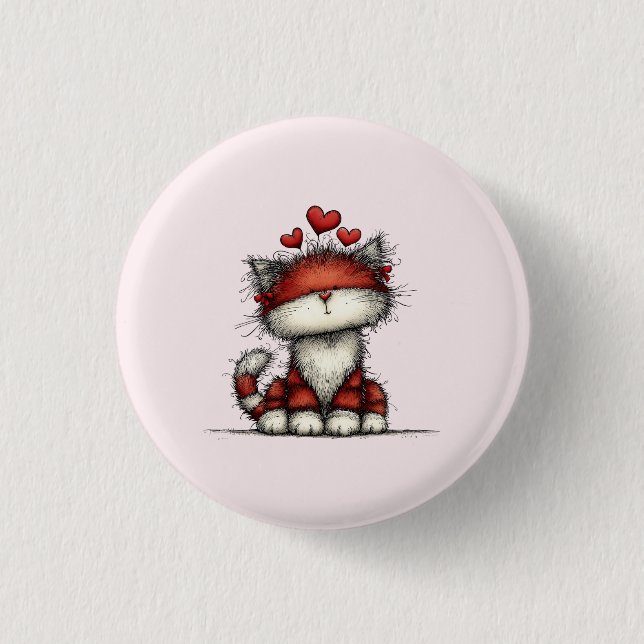 Cat with Red Love Hearts Cute and Funny Button (Front)