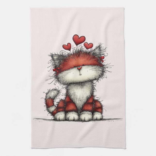 Cat with Red Love Hearts Cute and Funny Kitchen Towel (Vertical)