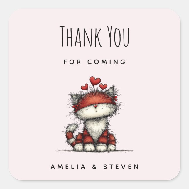 Cat with Red Love Hearts Cute and Funny Thank You Square Sticker (Front)