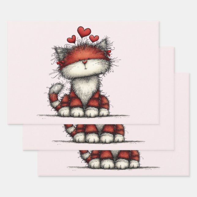 Cat with Red Love Hearts Cute and Funny Wrapping Paper Sheets (Set)