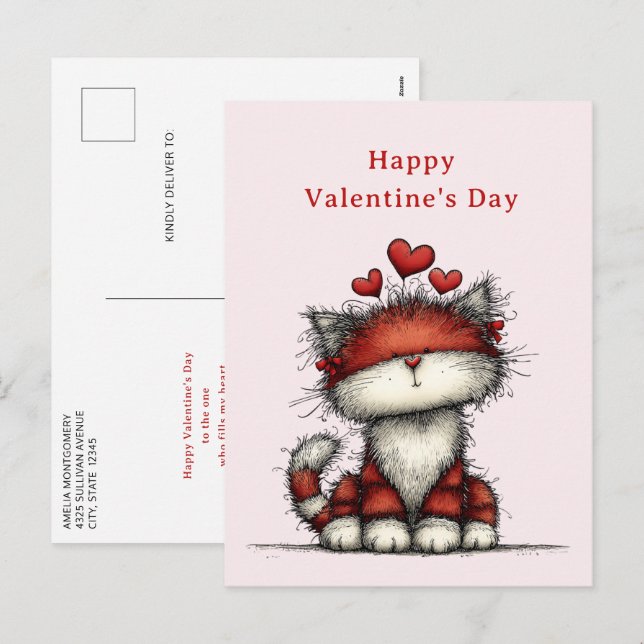Cat with Red Love Hearts Cute Fun Valentine's Day Holiday Postcard (Front/Back)