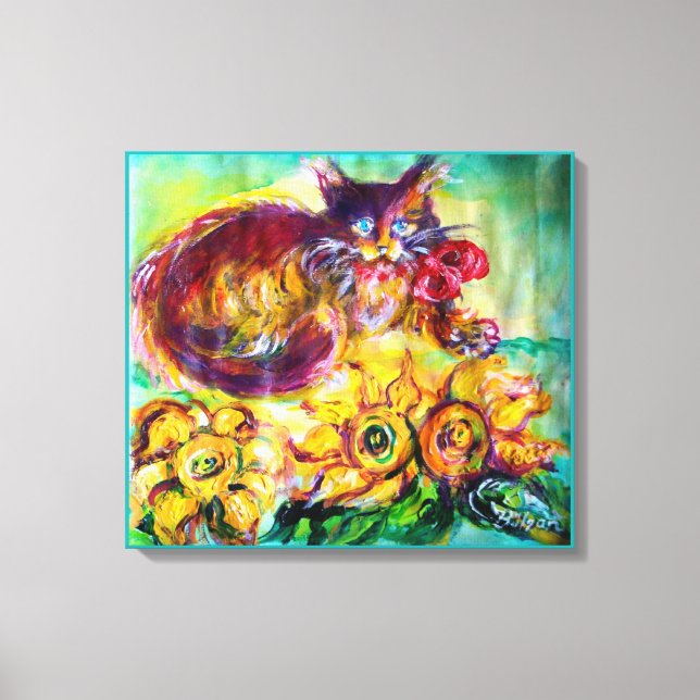 CAT WITH RED RIBBON AND SUNFLOWERS CANVAS PRINT (Front)