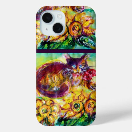 CAT WITH RED RIBBON AND SUNFLOWERS iPhone 15 CASE