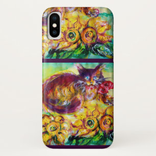 CAT WITH RED RIBBON AND SUNFLOWERS iPhone X CASE