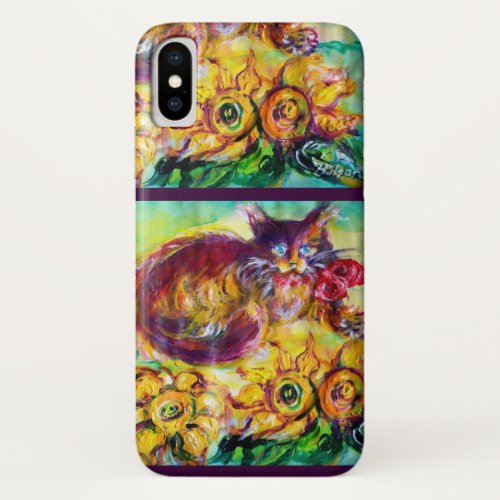 CAT WITH RED RIBBON AND SUNFLOWERS iPhone X CASE