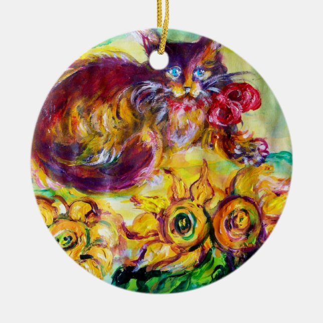 CAT WITH RED RIBBON AND SUNFLOWERS CERAMIC ORNAMENT (Front)