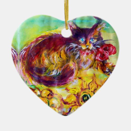 CAT WITH RED RIBBON AND SUNFLOWERS CERAMIC ORNAMENT