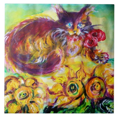 CAT WITH RED RIBBON AND SUNFLOWERS CERAMIC TILE