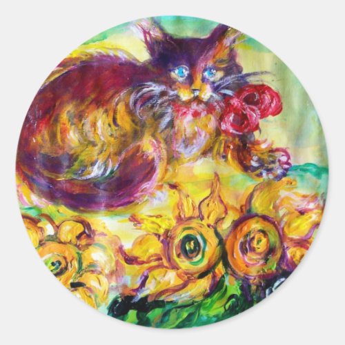 CAT WITH RED RIBBON AND SUNFLOWERS CLASSIC ROUND STICKER
