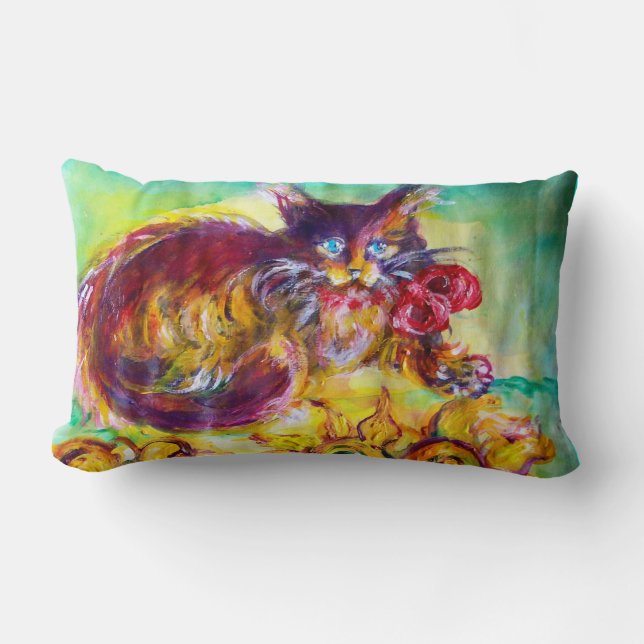 CAT WITH RED RIBBON AND SUNFLOWERS LUMBAR PILLOW (Front)